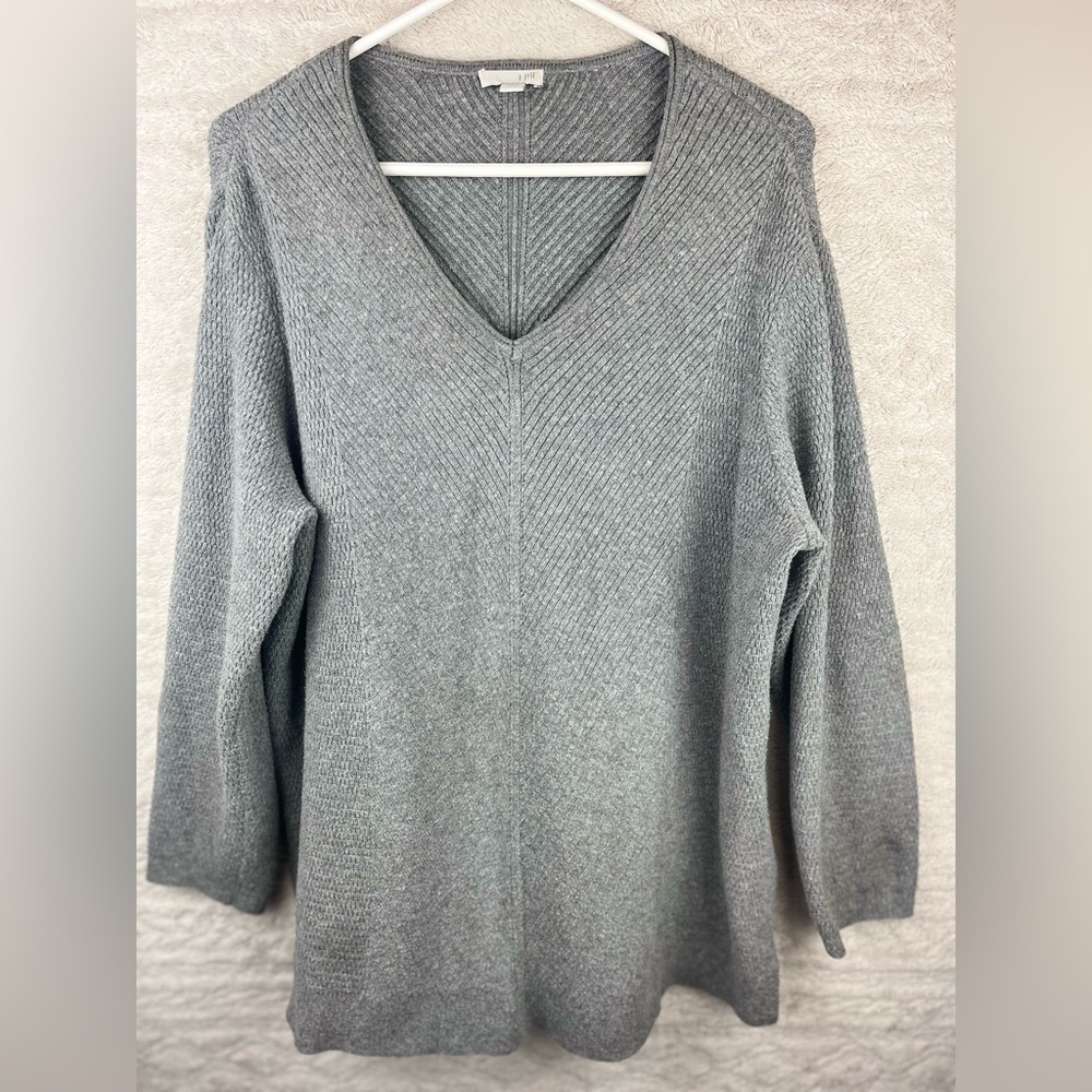 J. JILL Gray Sweater Ribbed Tunic V-Neck Size Large Petite
